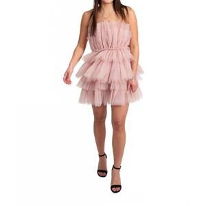 NEW IN THE BEGINNING tiered tulle strapless mini dress in blush